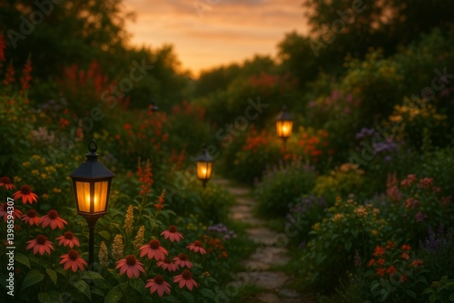 Pathway Illuminated by Lanterns in a Blossoming Garden at Sunset