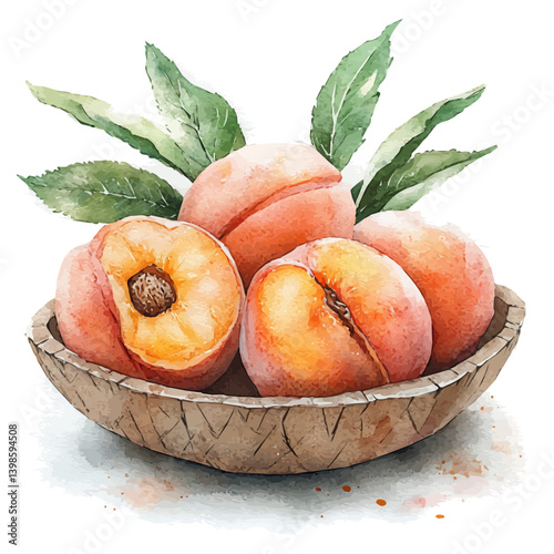 Nectarine basket, watercolor illustration, isolated on a white background.

