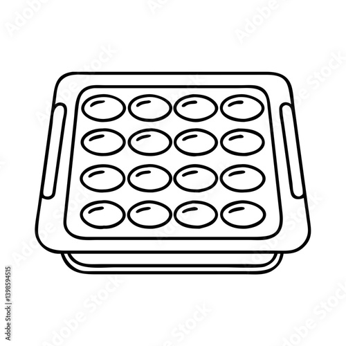 Outline drawing of a baking tray with sixteen circular indentations for making small cakes or cookies