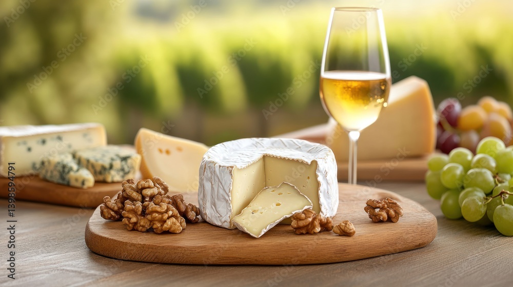 Cheese board still life variety of cheeses grapes nuts and white wine Cheese board still life variety of cheeses grapes nuts and white wine