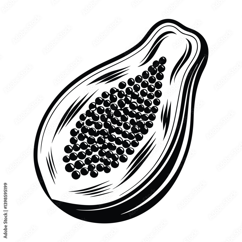 Fototapeta premium Stylized Papaya Half Silhouette, Black Seeds, Tropical Fruit, Detailed Outline, White Backdrop