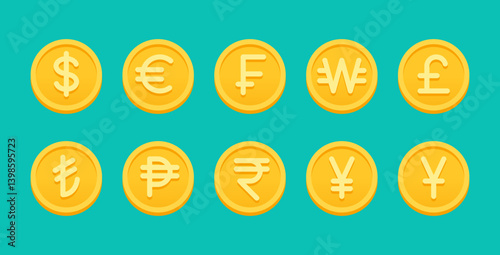Dollar, Euro, Franc, Won, Pound etc. golden coins stack flat style vector illustration