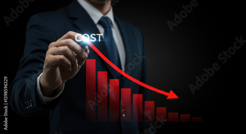 Cost Reduction Strategy: Businessman Visualizing Declining Costs with Graph and Arrow on Dark Background - Business, Finance, Success Concept.