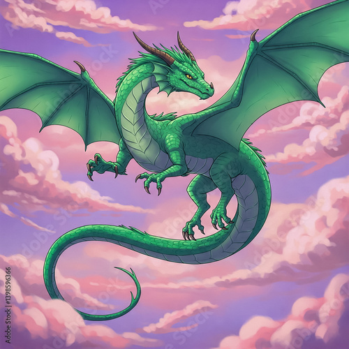 A vibrant illustration of a large, green dragon with intricate scales, in flight against a beautiful pastel sky filled with fluffy clouds.