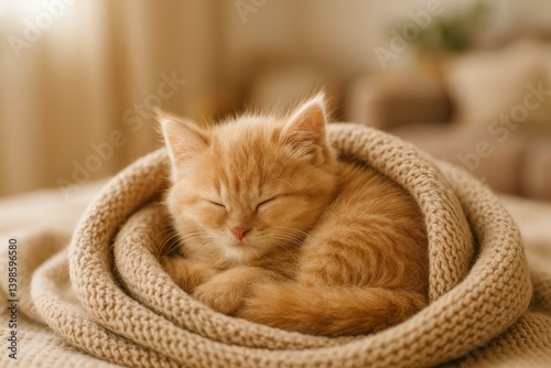 Cozy Orange Kitten Peacefully Sleeping in a Warm Knitted Blanket in a Sunny Room