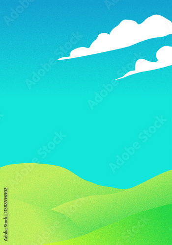 ノイズグラデーションの夏の草原と青空のベクター田舎風景背景イラスト