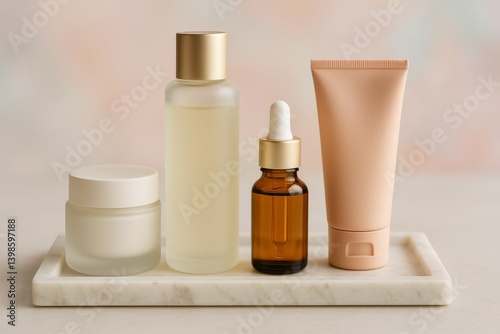 Collection of Skincare Products Arranged Neatly on a Marble Tray in Soft Ligh...