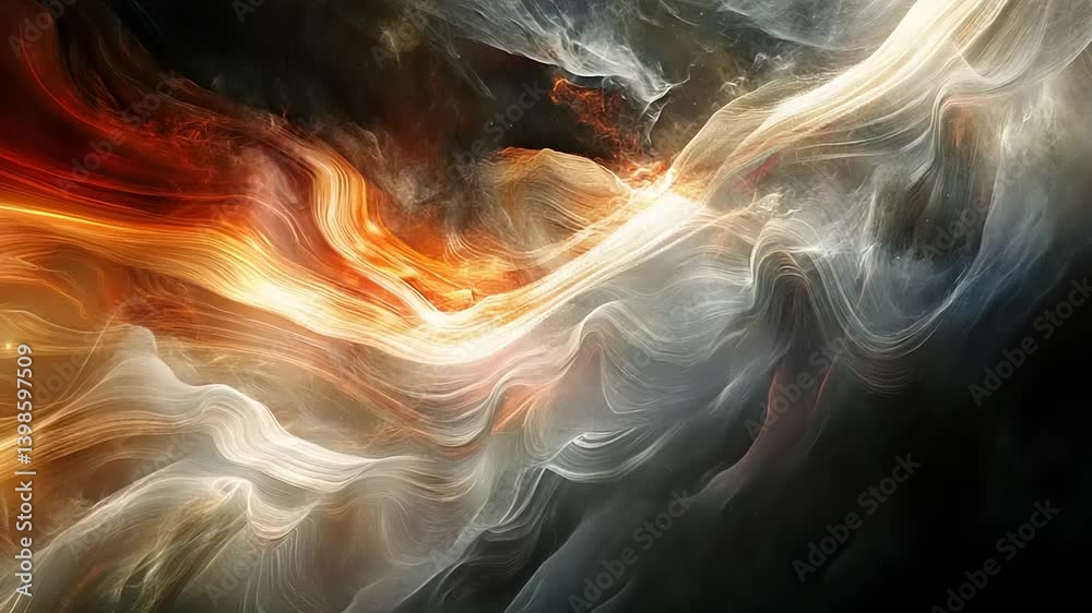 Abstract swirling patterns of orange and white colors blending into dark hues, creating a dynamic visual effect