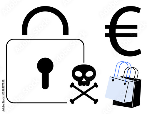 Lock symbol indicating security, euro currency sign, skull with crossbones representing danger, and shopping bags. Ideal for e-commerce security, online transactions, cybercrime, digital safety