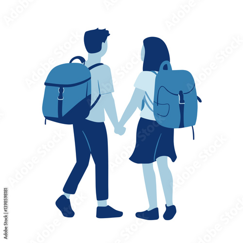 Couple walking with backpacks in blue flat style

