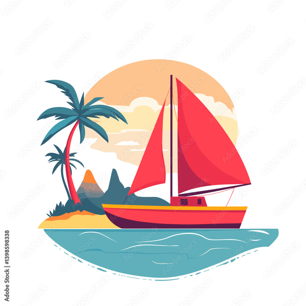 Fototapeta premium Sailing boat near tropical island flat design