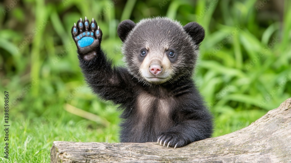 A delightful brown bear cub greets with a wave in a grassy field A delightful brown bear cub greets with a wave in a grassy field