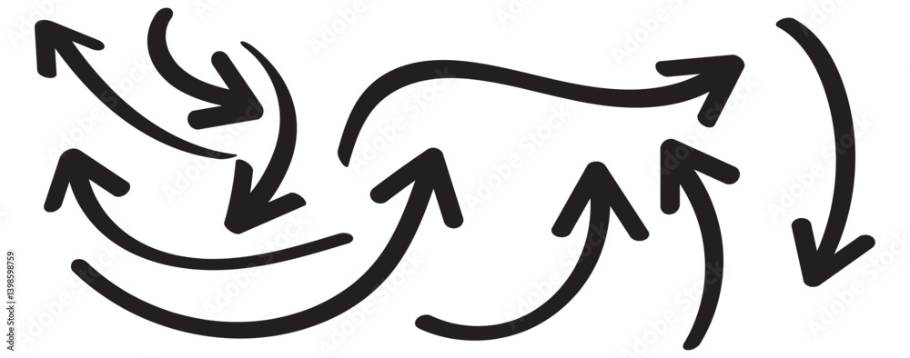 hand-drawn arrow marker. Hand-drawn brush stroke arrows on transparent background. Black charcoal ovals and arrows strokes different forms. Hand drawn vector arrows doodle set on white background. hand-drawn arrow marker. Hand-drawn brush stroke arrows on transparent background. Black charcoal ovals and arrows strokes different forms. Hand drawn vector arrows doodle set on white background.