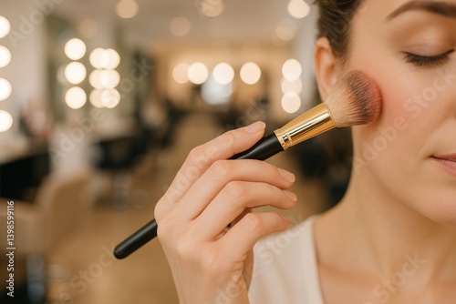 Professional Makeup Artist Applies Blush to Clients Cheek in a Well-Lit Salon