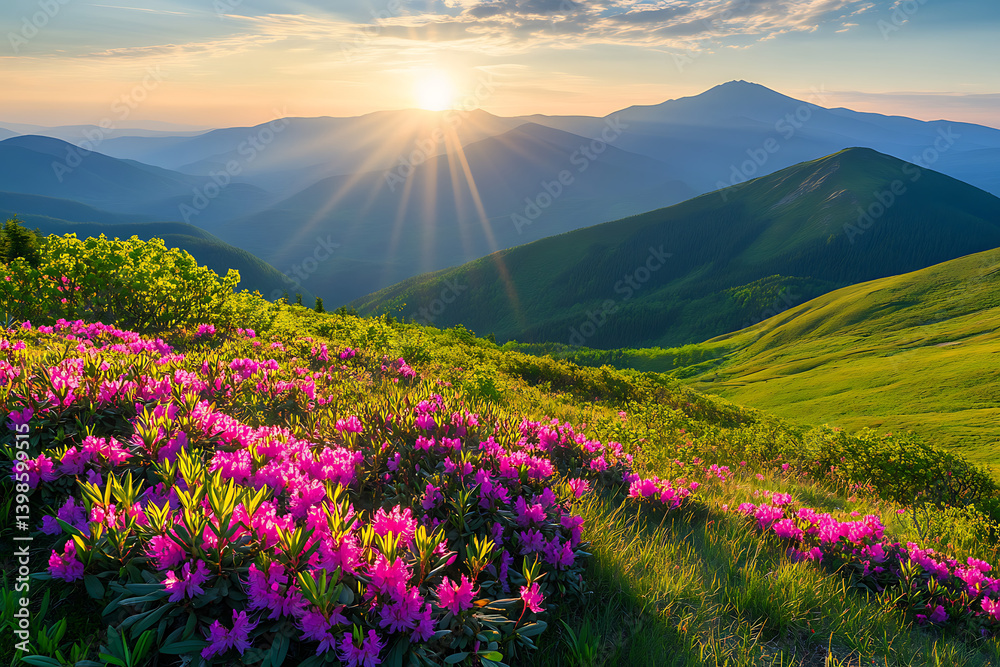 The sun rises behind the mountains, illuminating them with golden rays of light. The sun rises behind the mountains, illuminating them with golden rays of light.