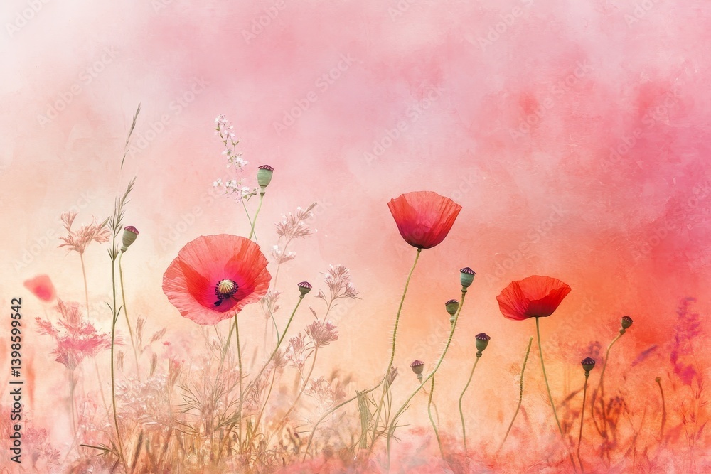 Delicate watercolor wildflowers and poppies against a soft pink red orange gradient background