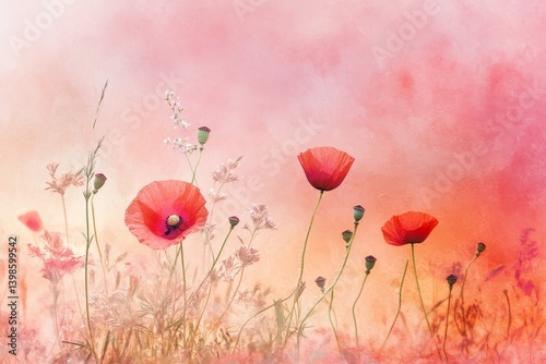 Obraz na płótnie Delicate watercolor wildflowers and poppies against a soft pink red orange gradient background w salonie