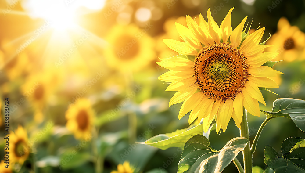 Naklejka premium The sun is shining brightly, and the background features a field of vibrant yellow sunflowers with green leaves., bright light shines on them, creating a warm atmosphere.