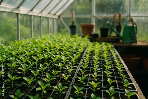 New Seedling Growth in Garden Greenhouse During Springtime Nurturing Process