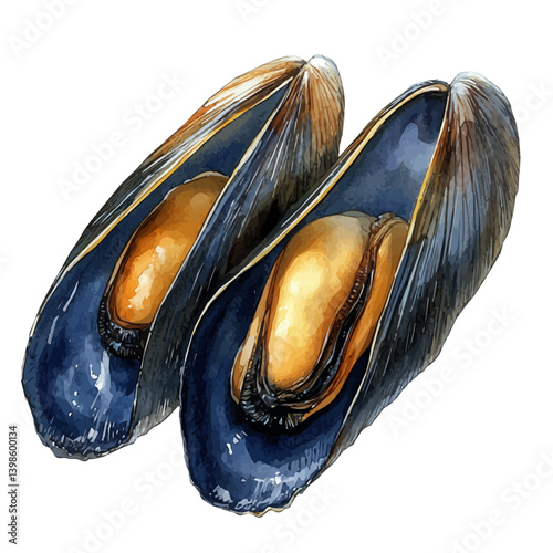 illustration of Mussel, watercolor vector, isolated on a white background.