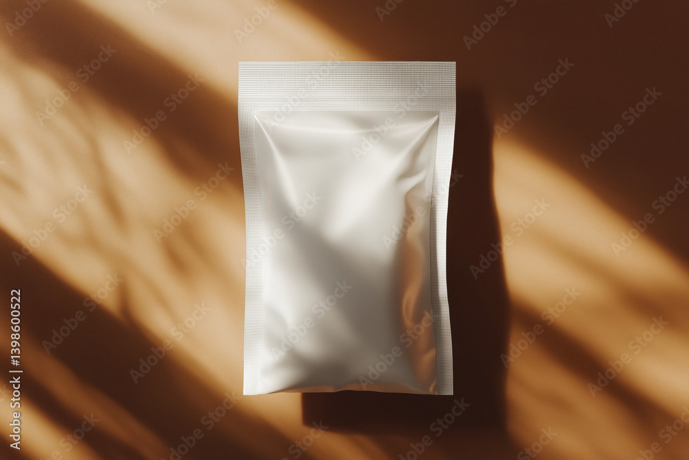 White blank mockup packaging bag with ziplock against brown background with shadows.