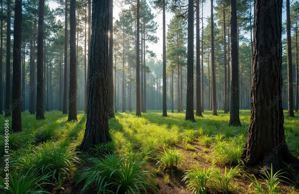 Obraz premium Mesic pine flatwoods in north Florida. Tall pine trees, green saw palmetto, lush undergrowth under blue sky. Remote wilderness, hiking destination, natural landscape, beautiful scenery.