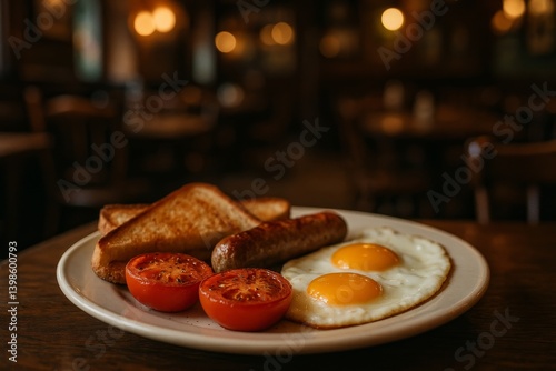 Delicious Breakfast Plate With Eggs, Sausage, and Tomatoes in a Cozy Restaura...