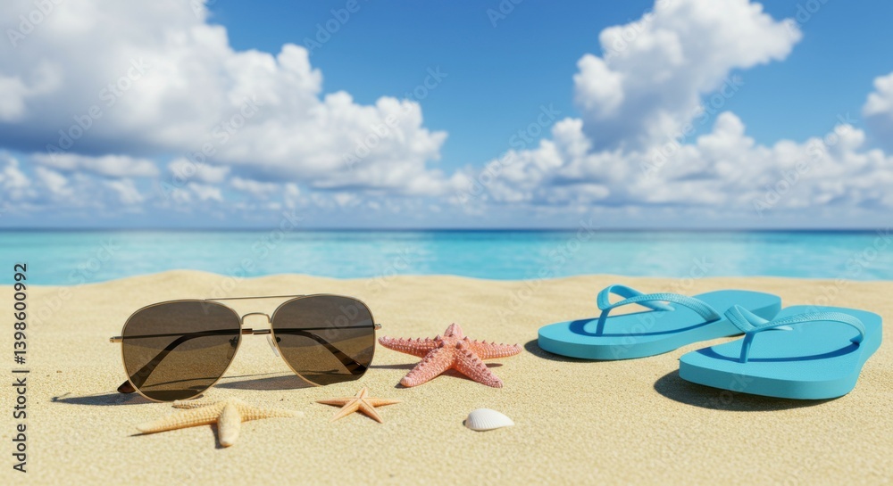 Bright and lively beach scene featuring sunglasses, starfish, and flip-flops on soft sand with a sunny backdrop. Bright and lively beach scene featuring sunglasses, starfish, and flip-flops on soft sand with a sunny backdrop.