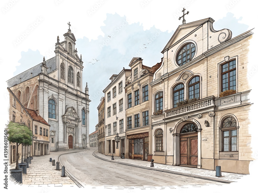 Obraz premium Charming European Street Scene Historic Architecture Church Cobblestone Road