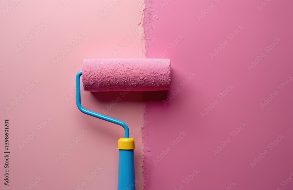 Obraz premium Roller applies vibrant pink paint wall. Blue handle with yellow detailing contrasts colors. Fresh paint, unfinished section showcase room transformation. Bricolage, interior design, home improvement