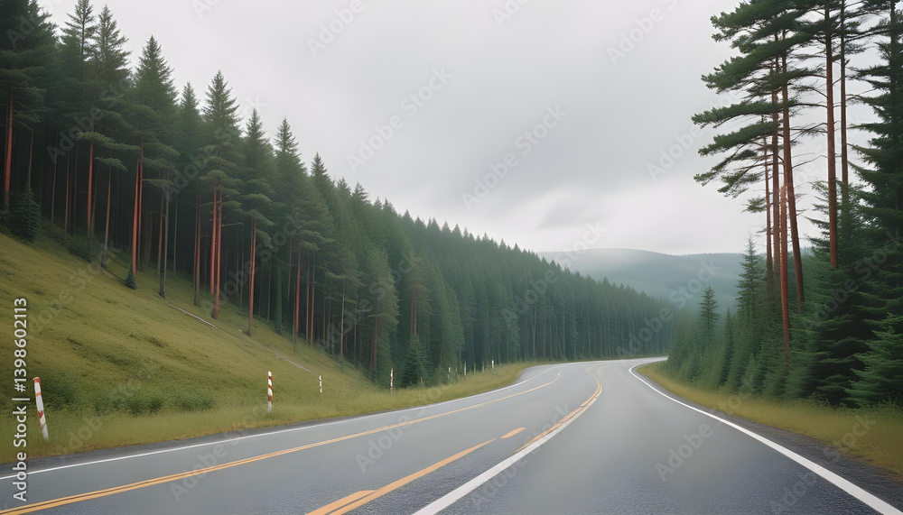 A scenic road through a dense forest, leading towards the mountains under an overcast sky. A scenic road through a dense forest, leading towards the mountains under an overcast sky.