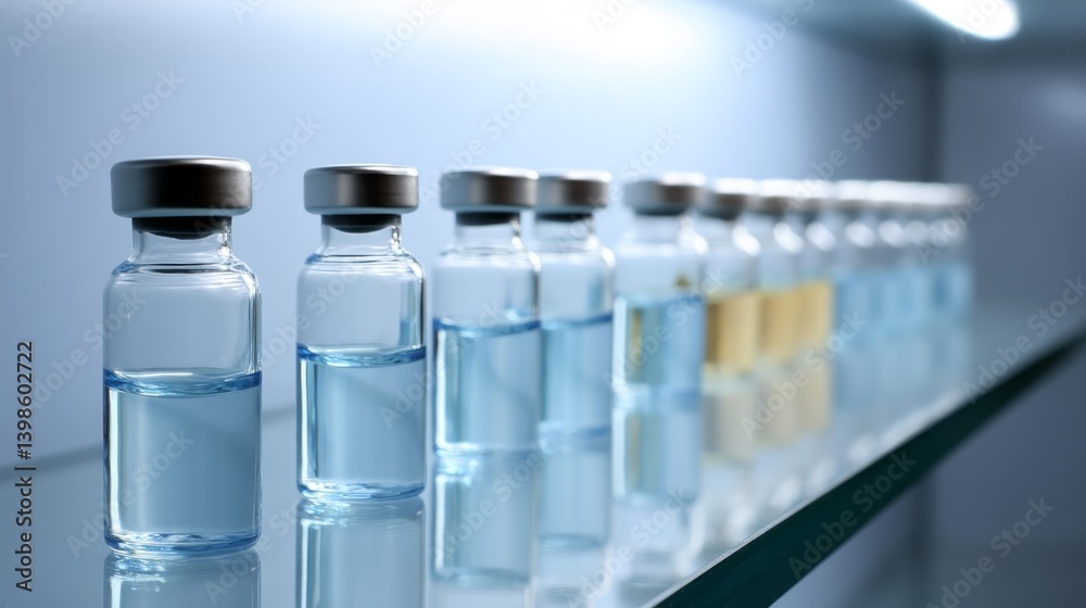 Glass vaccine vials stand in neat rows on steel shelves, illuminated by sterile blue light, showcasing their contents while providing ample copy space for text Glass vaccine vials stand in neat rows on steel shelves, illuminated by sterile blue light, showcasing their contents while providing ample copy space for text