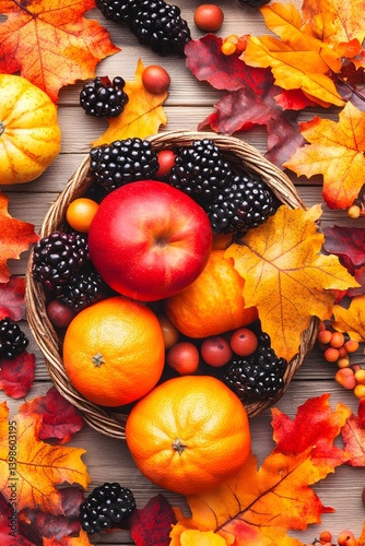 Autumn Harvest Basket Fruits Blackberries Fall Leaves