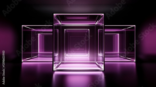 Abstract, glowing boxes, dark room