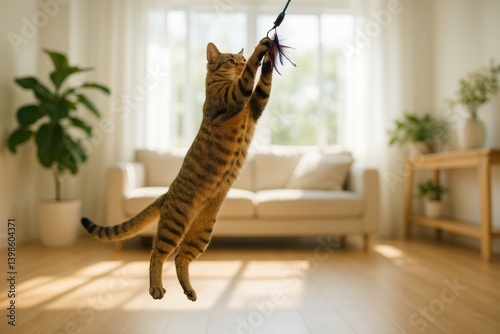 Playful Tabby Cat Jumps to Catch a Toy in a Cozy Living Room During Daytime