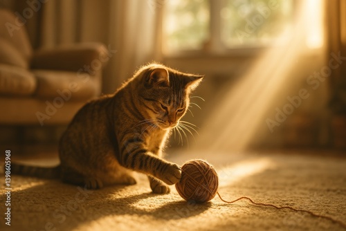 Playful Cat Enjoys a Sunny Afternoon With a Ball of Yarn in a Cozy Living Roo...