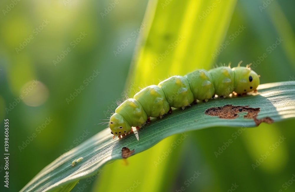 Naklejka premium on corn leaf macro shot. Pest eats the plant, causing damage in agricultural field. Insect is a major threat to crops. Fall armyworm Spodoptera frugiperda causes crop losses.