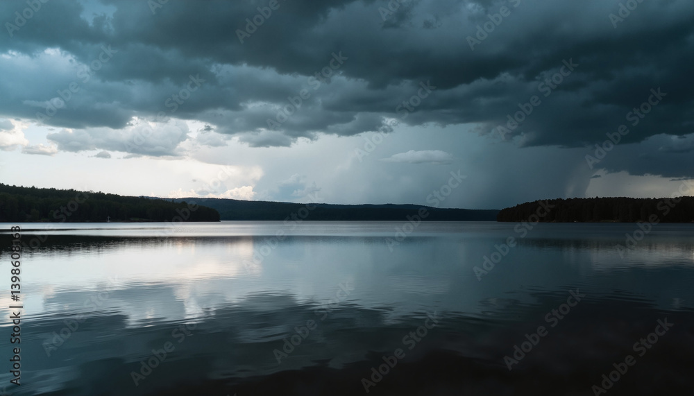 Dramatic Dark Storm Clouds Over Calm Lake with Reflective Water for Nature Blogs, Weather Websites, Landscape Photography, and Outdoor Education Dramatic Dark Storm Clouds Over Calm Lake with Reflective Water for Nature Blogs, Weather Websites, Landscape Photography, and Outdoor Education
