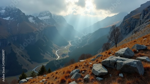 Photo of Pyrenees National Park in France during dawn with cool, rainy winter weather from an above view.