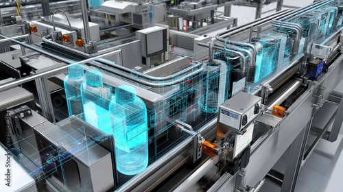 Digital twin model industry data performance prediction analytics. Automated production line featuring a digital twin model for industry applications.