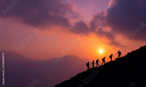 Hikers climb mountain at sunset