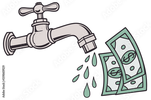 Faucet Spilling Money A visual representation of cash flow, depicting bills flowing from a faucet, a metaphor for financial stability