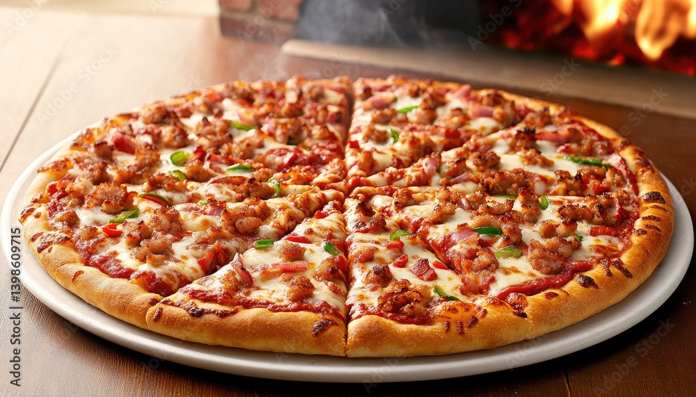 Delicious pizza with various toppings like sausage and bell peppers on a white plate near a brick oven with warm lighting. Delicious pizza with various toppings like sausage and bell peppers on a white plate near a brick oven with warm lighting.