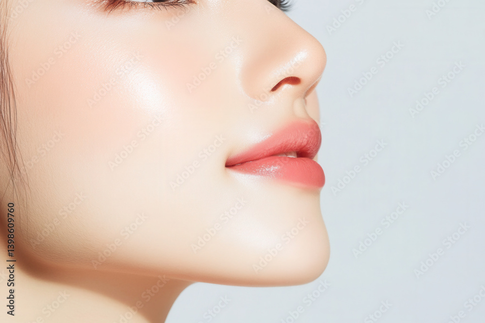 Close-up of a woman's glowing skin and lip. Close-up of a woman's glowing skin and lip.