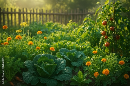 Fresh Vegetable and Flower Garden at Sunrise in a Rural Setting With a Wooden...