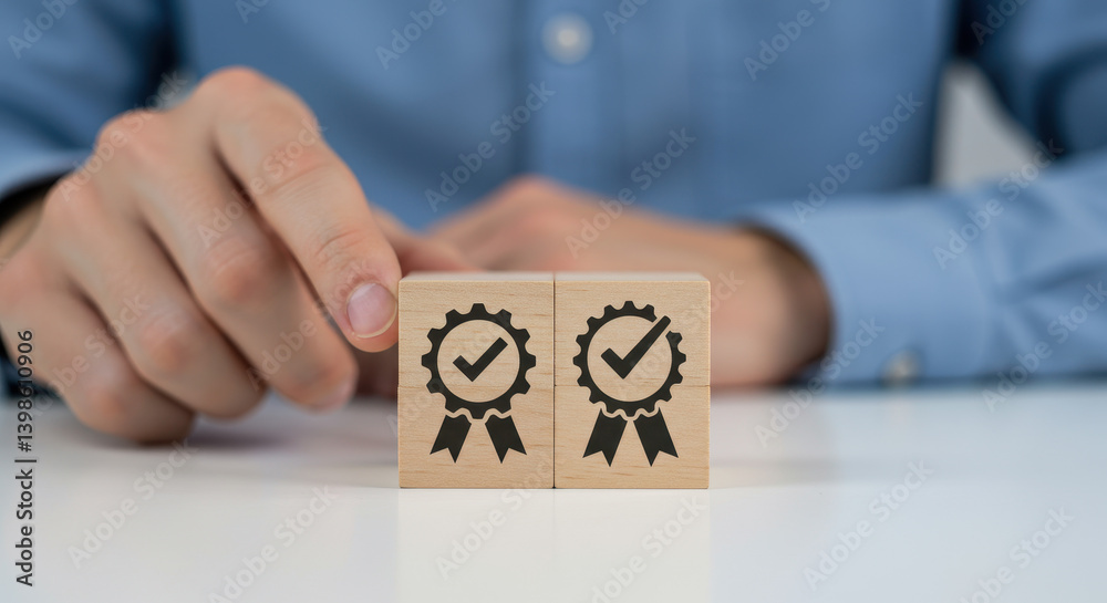Quality Assurance: Hand Placing Approval Checkmark Blocks. Symbol of Excellence, Standards, and Certified Processes. Meeting Goals, Success! Quality Assurance: Hand Placing Approval Checkmark Blocks. Symbol of Excellence, Standards, and Certified Processes. Meeting Goals, Success!