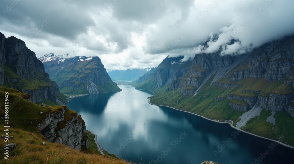 Aerial view of Lake Oldevatnet in Norway under cloudy conditions during mid-day. Aerial view of Lake Oldevatnet in Norway under cloudy conditions during mid-day.