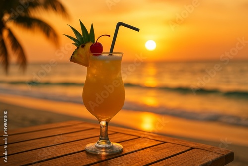 Sunset Cocktail on Beach With Palm Trees and Golden Sky