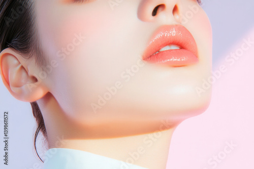 Close-up portrait of a woman with glossy lips.