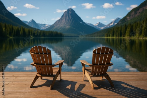 Relaxing Wooden Chairs Overlook Tranquil Lake With Mountain Backdrop Under Cl...